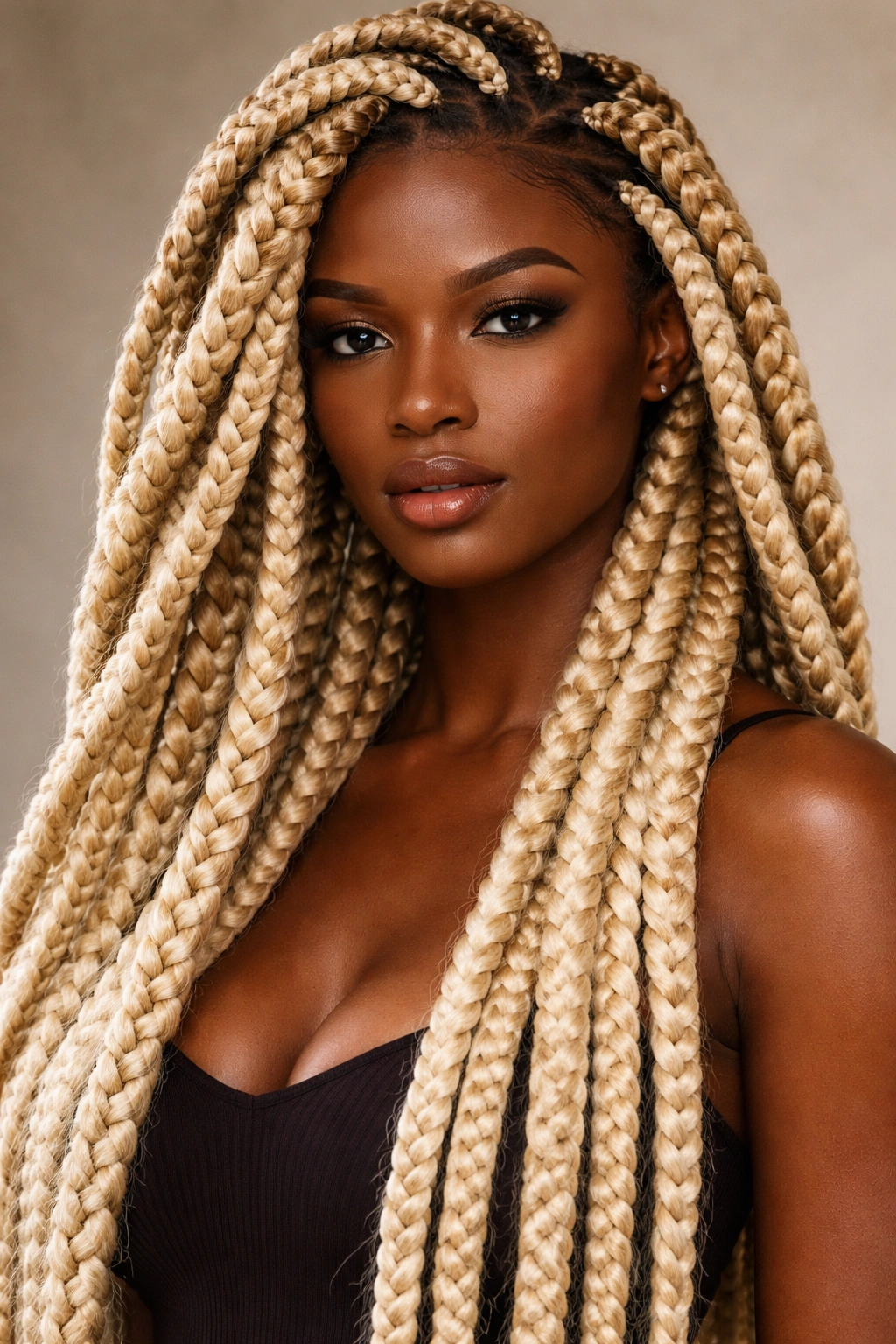 Close-up of thick blonde jumbo braids with bold sculptural texture in studio lighting