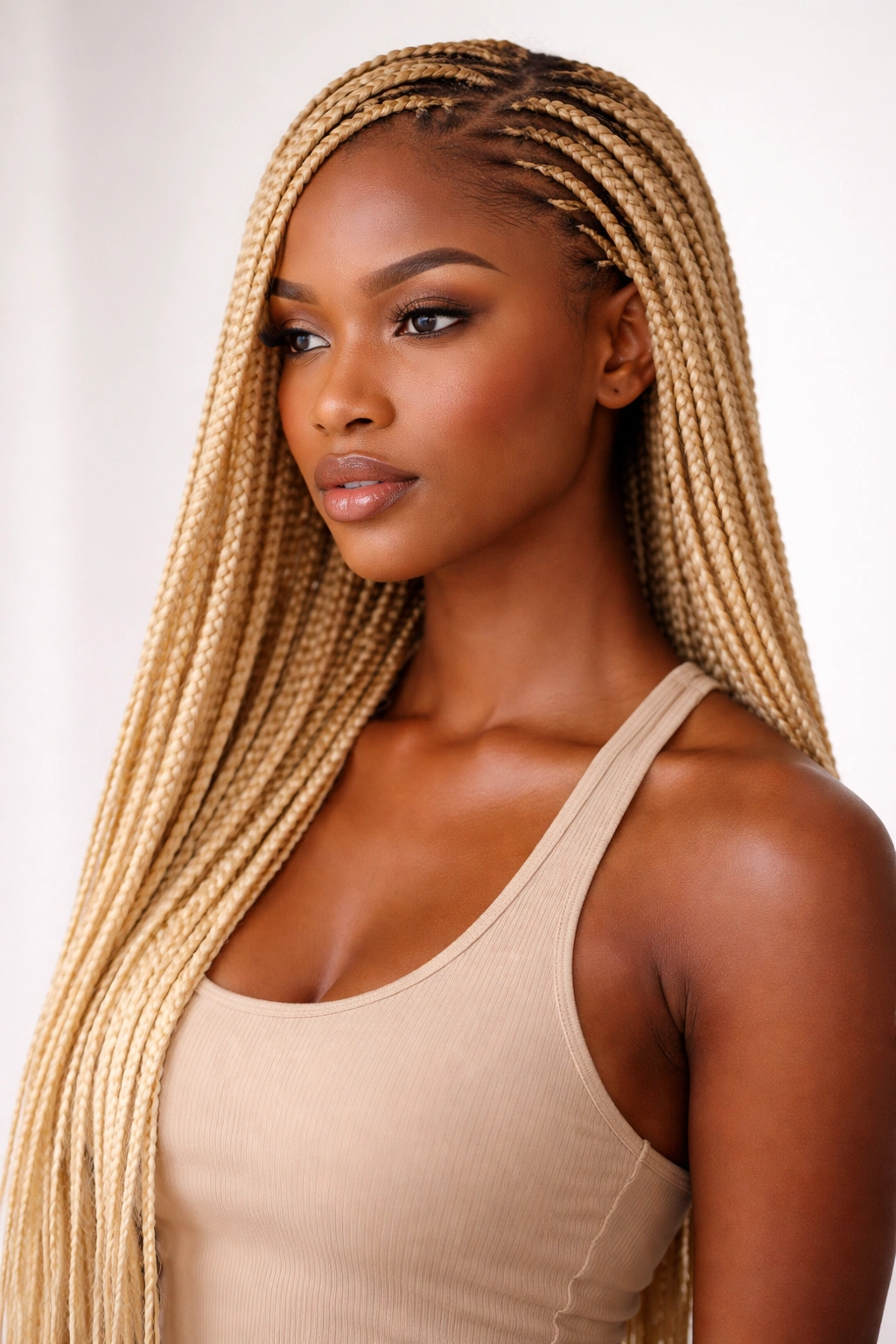 Long blonde knotless braids with tapered roots on a profile view