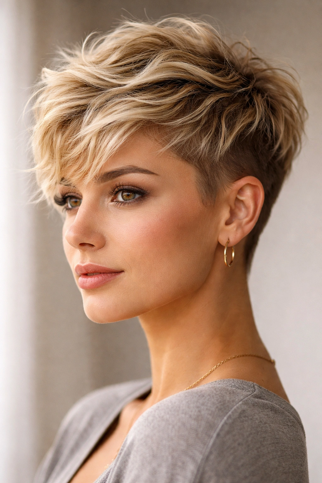Close-up of textured blonde pixie with waves on top and shaved sides.