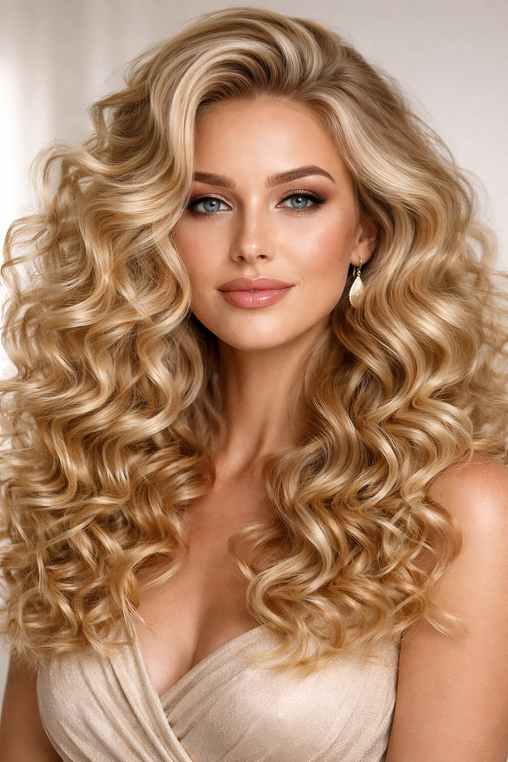 Close-up of voluminous blonde ringlets with high shine and defined curls