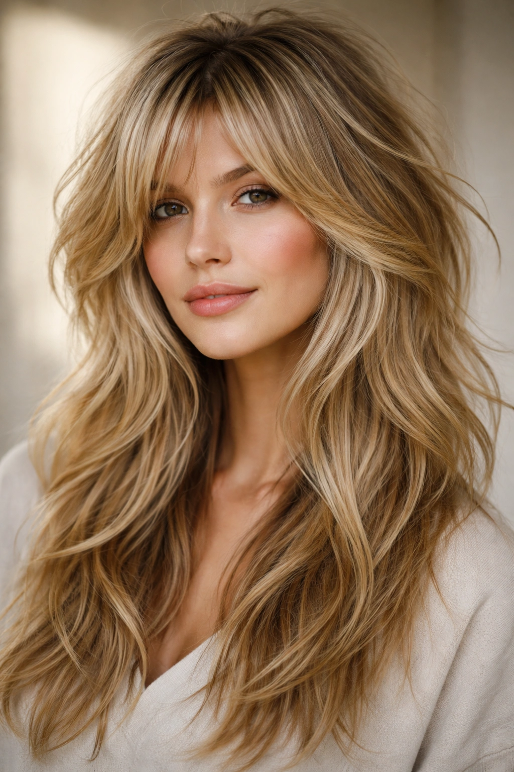 Blonde modern shag hairstyle with textured layers.
