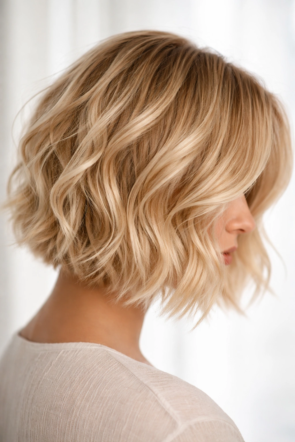 Close-up of chin-length tousled choppy blonde waves with butter and honey highlights