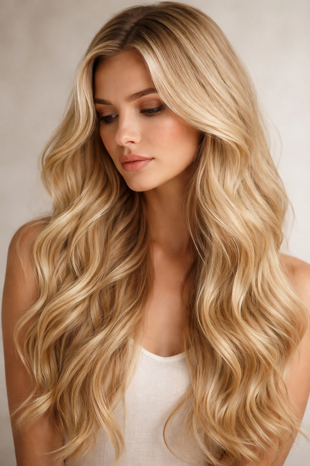 Thoughtful person with long wavy blonde hair in a studio setting