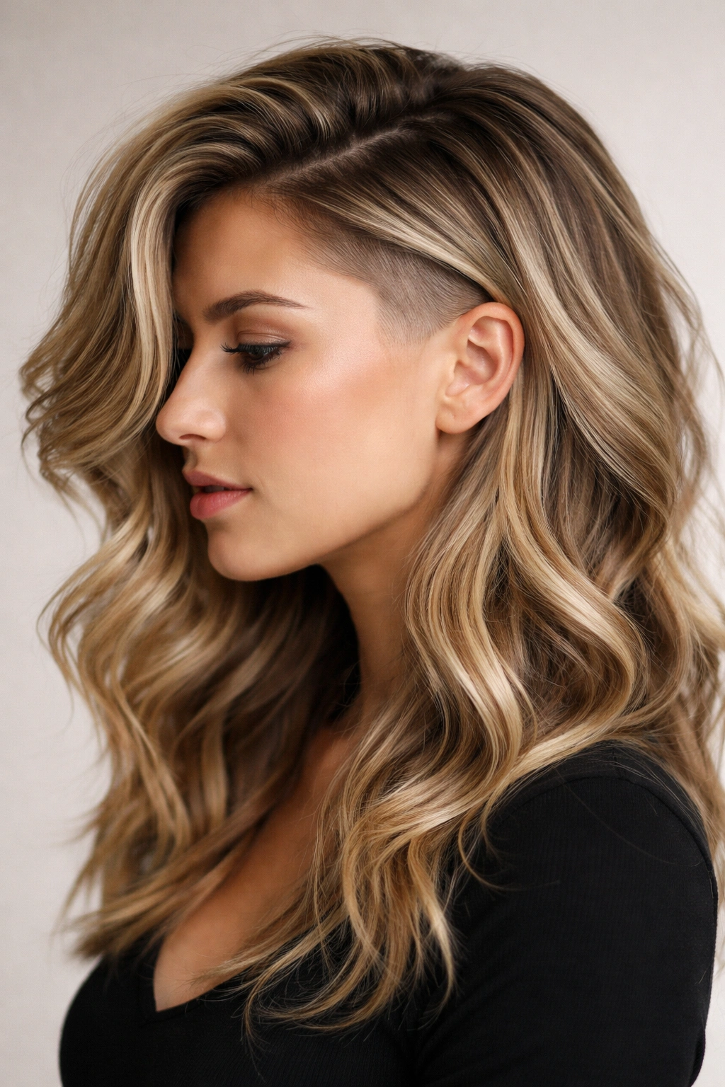 Medium-length blonde waves with subtle undercut and face-framing highlights