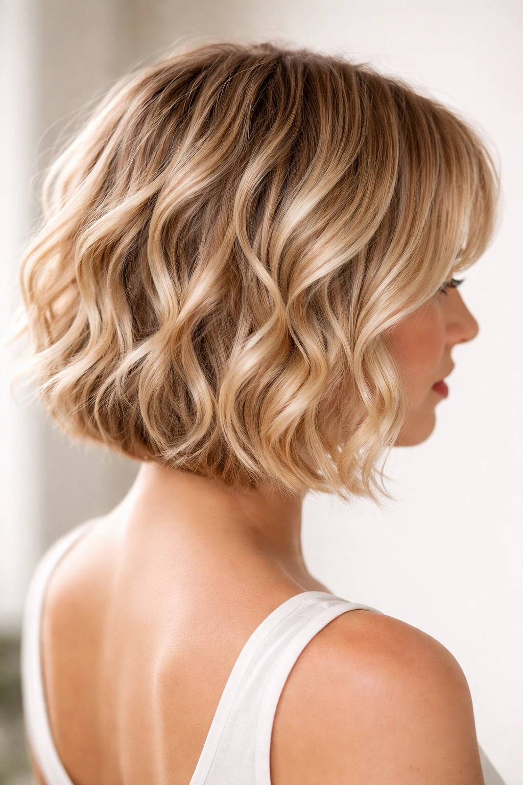Blonde wavy French bob with dimensional highlights and balayage in studio lighting