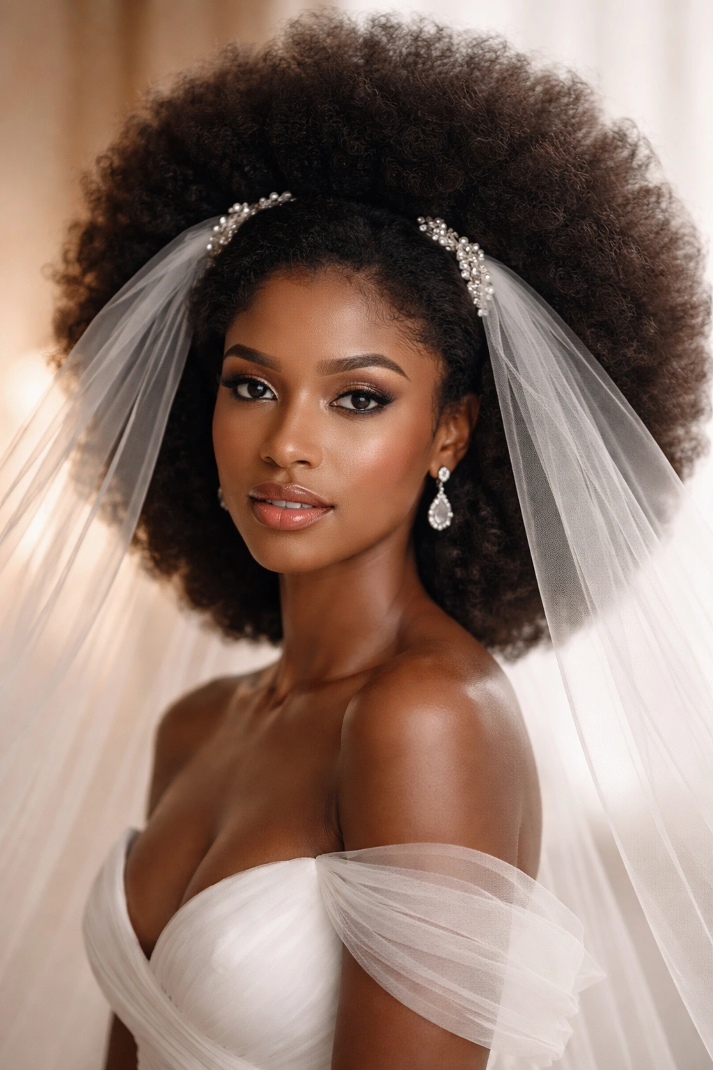 Blowout afro with integrated veil in bridal portrait