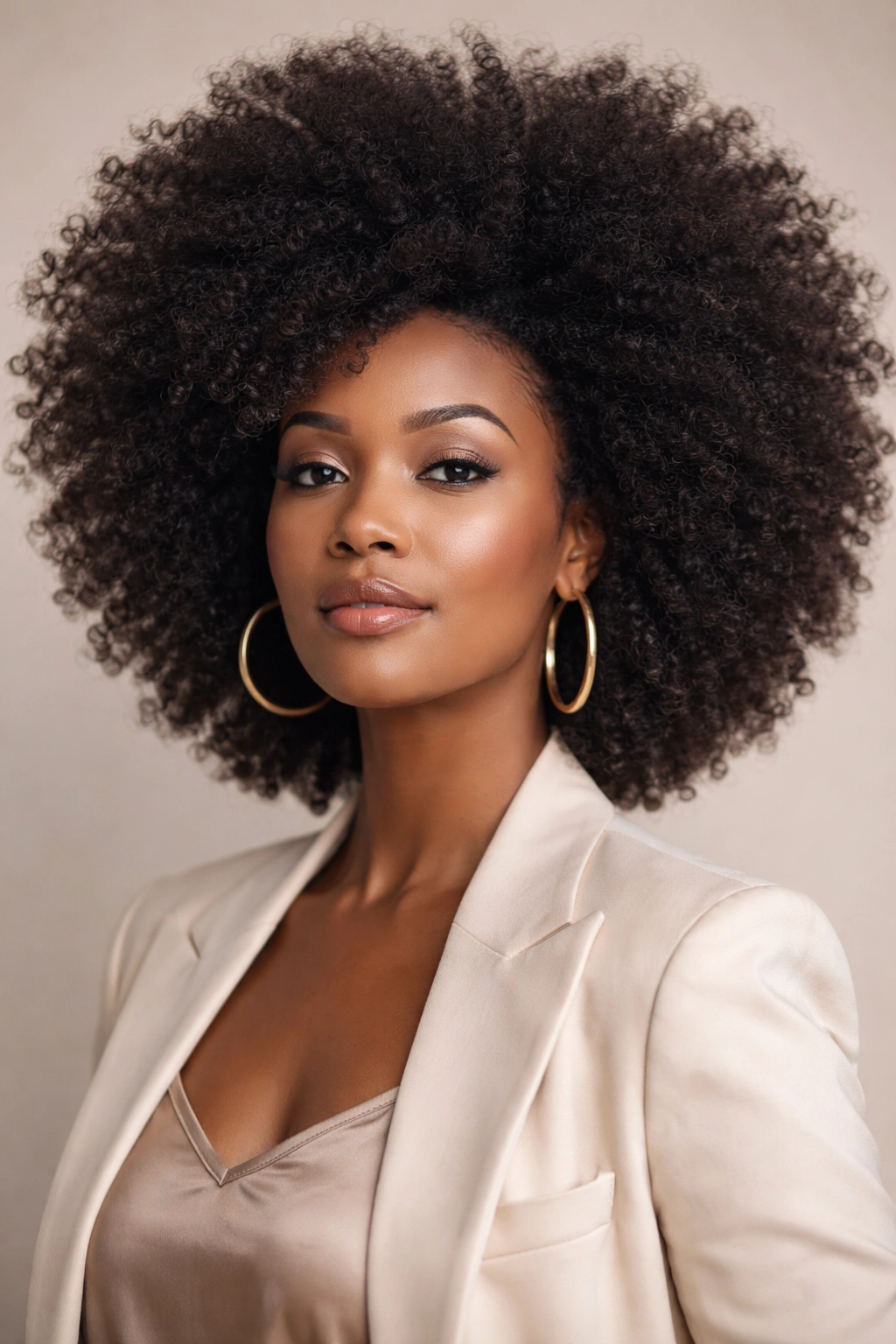 Close-up of a voluminous blowout afro with stretched curls forming a soft halo