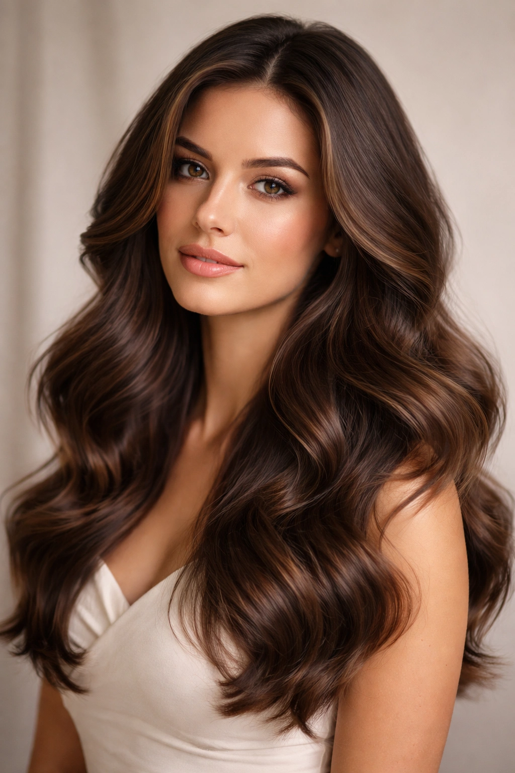 Close-up of long glossy blowout waves with frizz-free texture