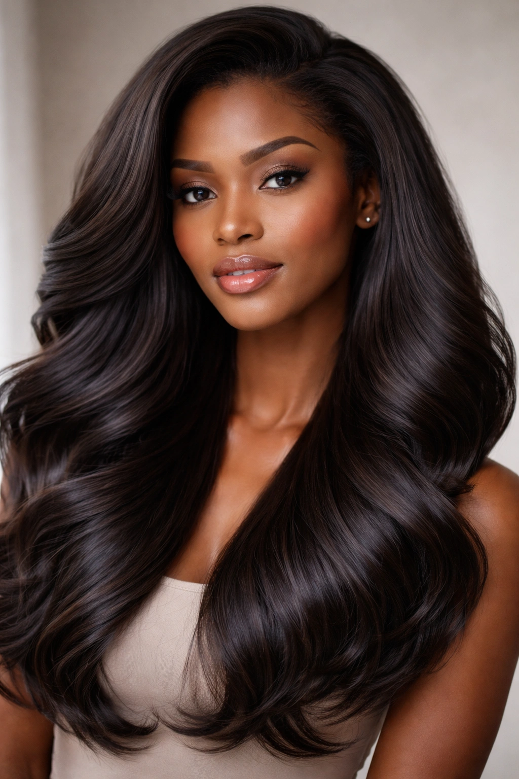 Portrait of person with smooth blowout waves, shiny hair flowing