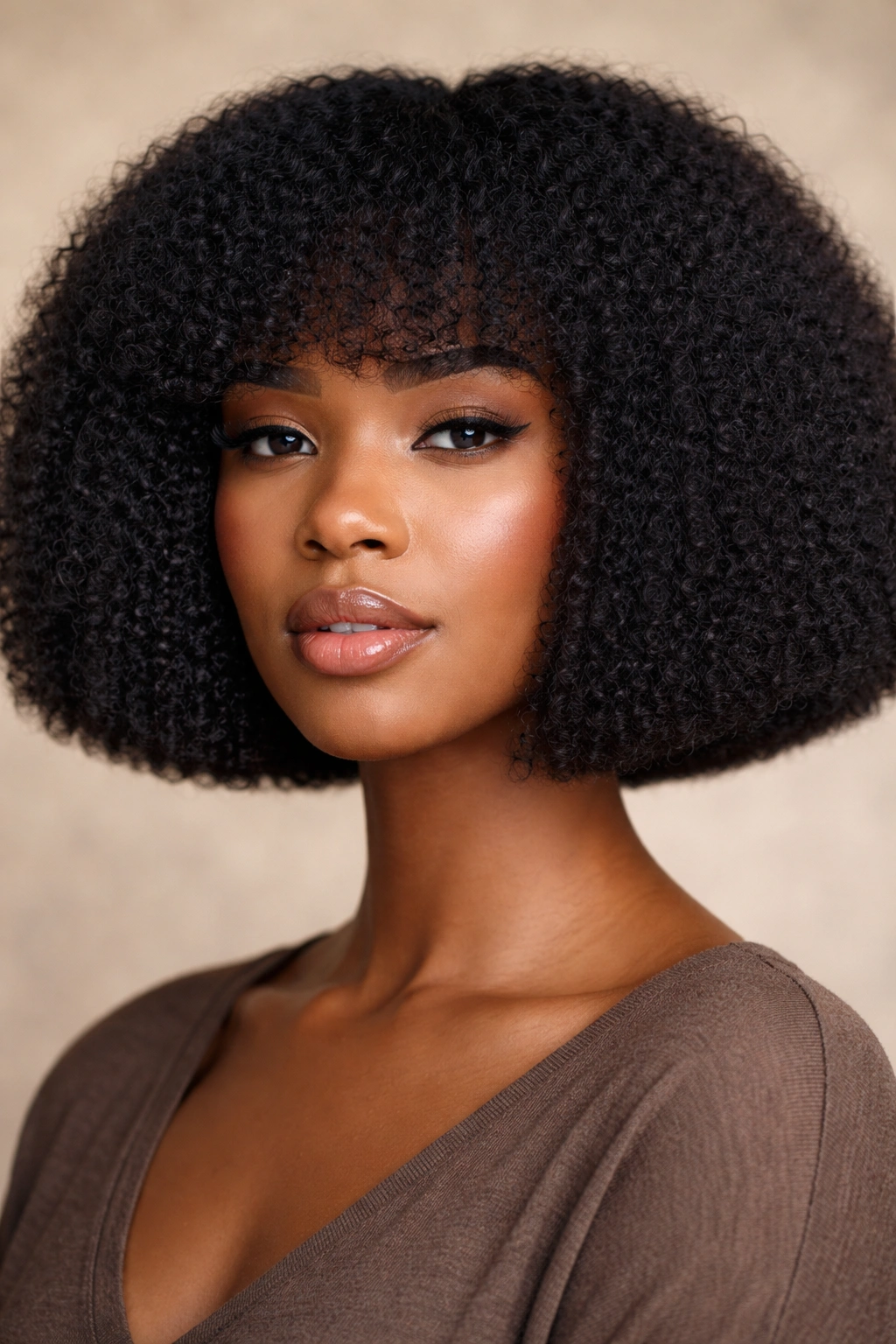 Blunt chin-length afro bob with a sharp, defined edge