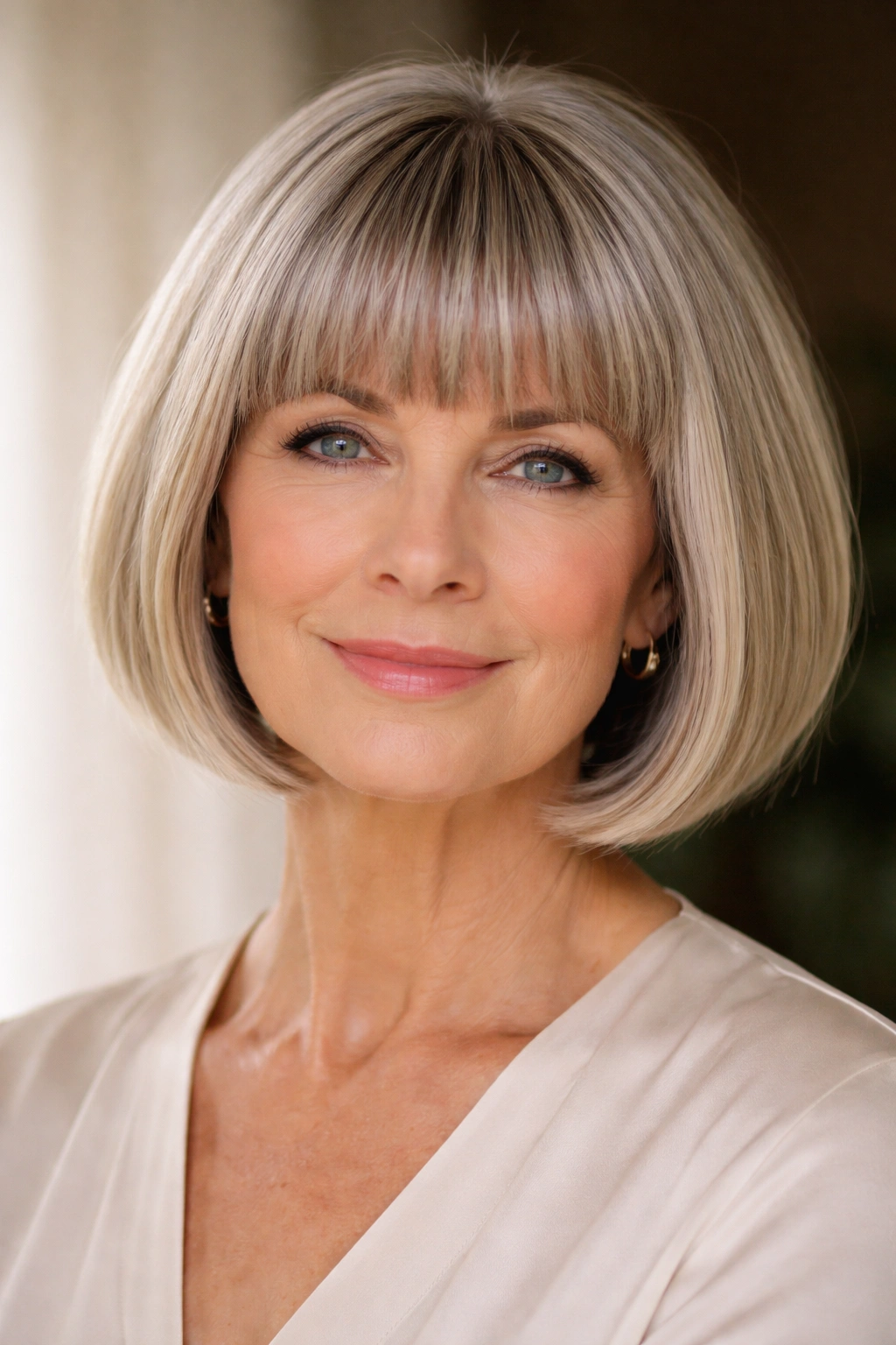 Close-up of Blunt Bangs Short Bob with bold blunt fringe
