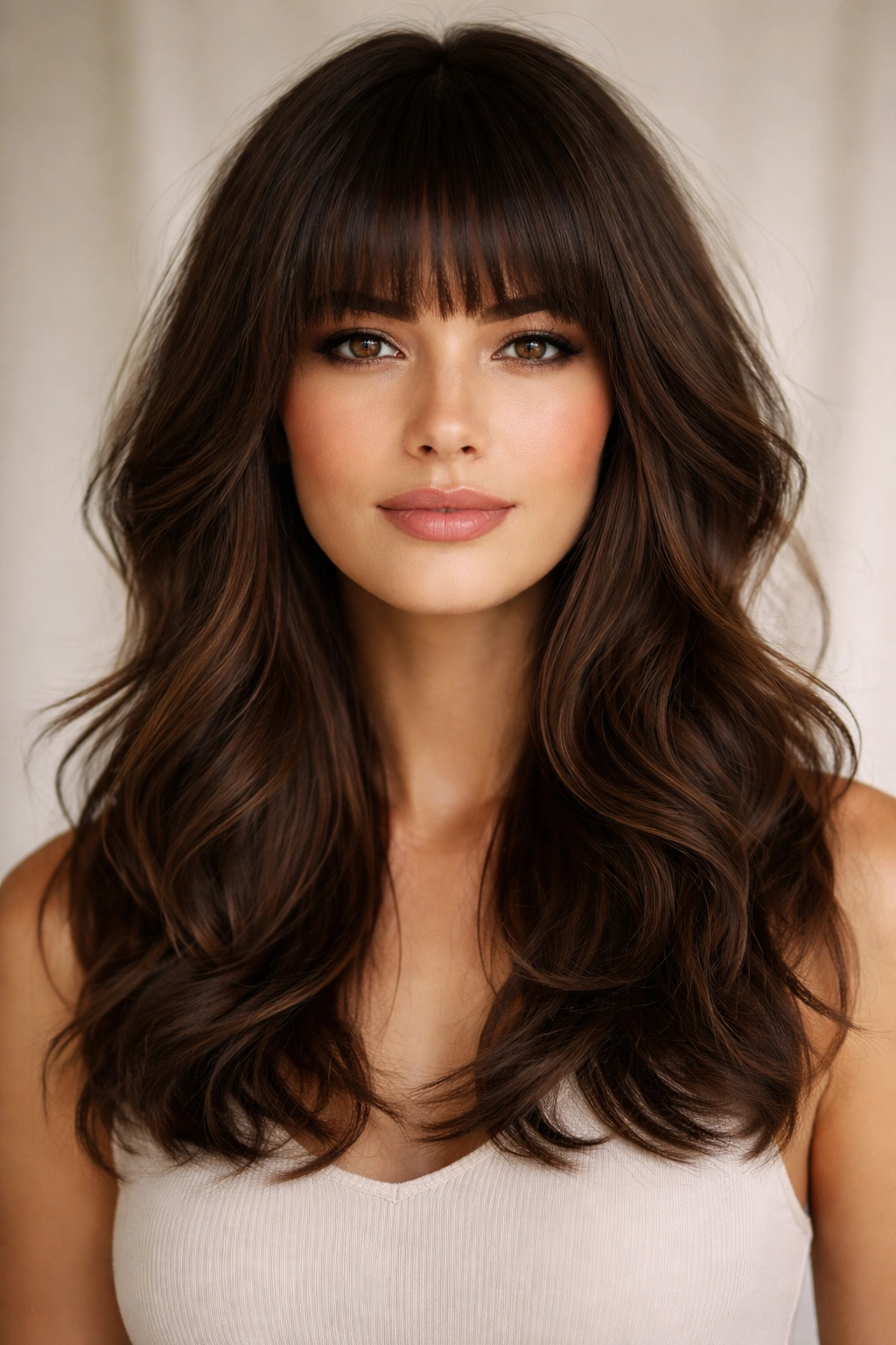 Front view of blunt-bangs butterfly cut on medium-length wavy hair