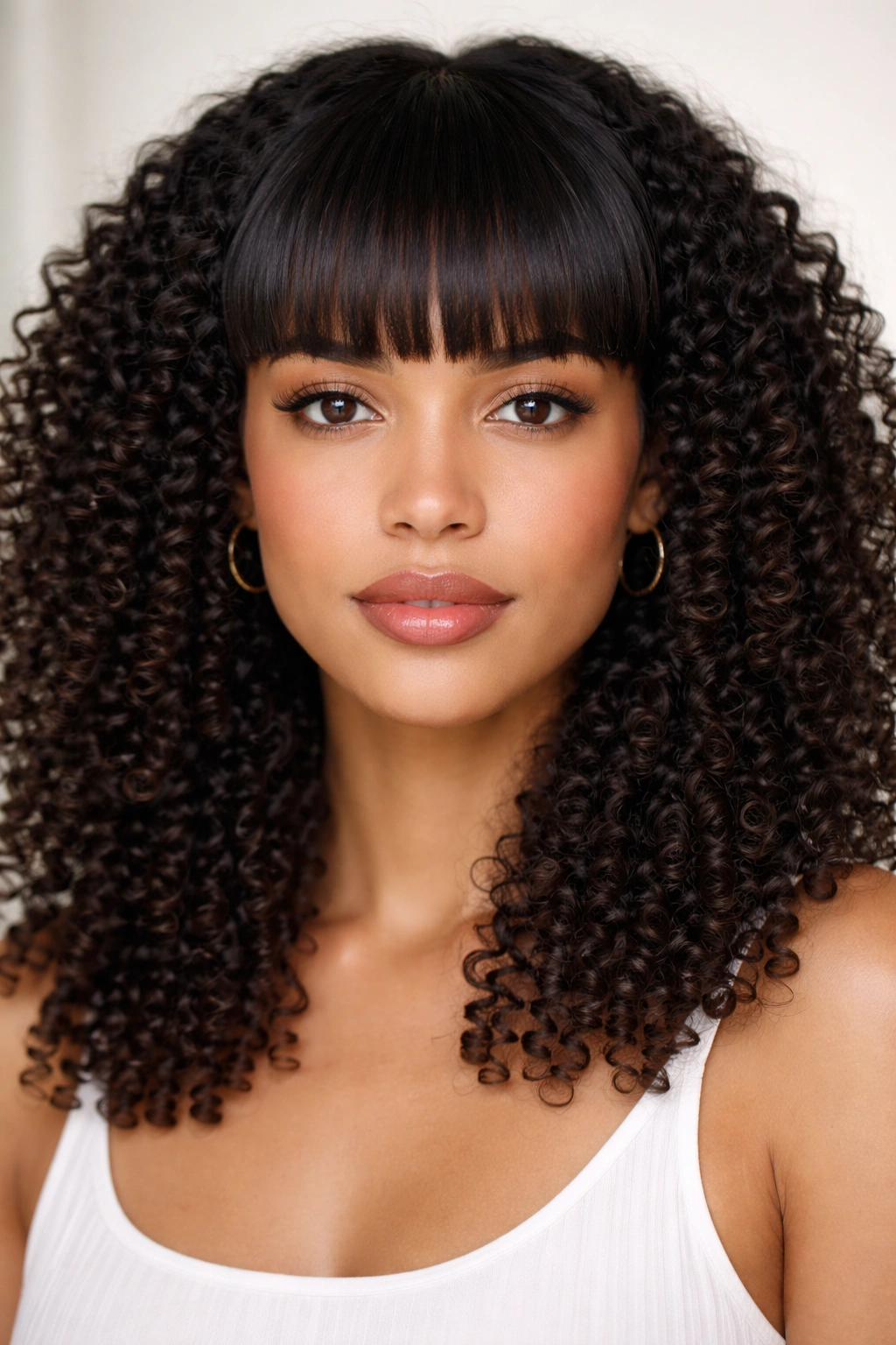Close-up of blunt bangs on tightly coiled curls with crisp line