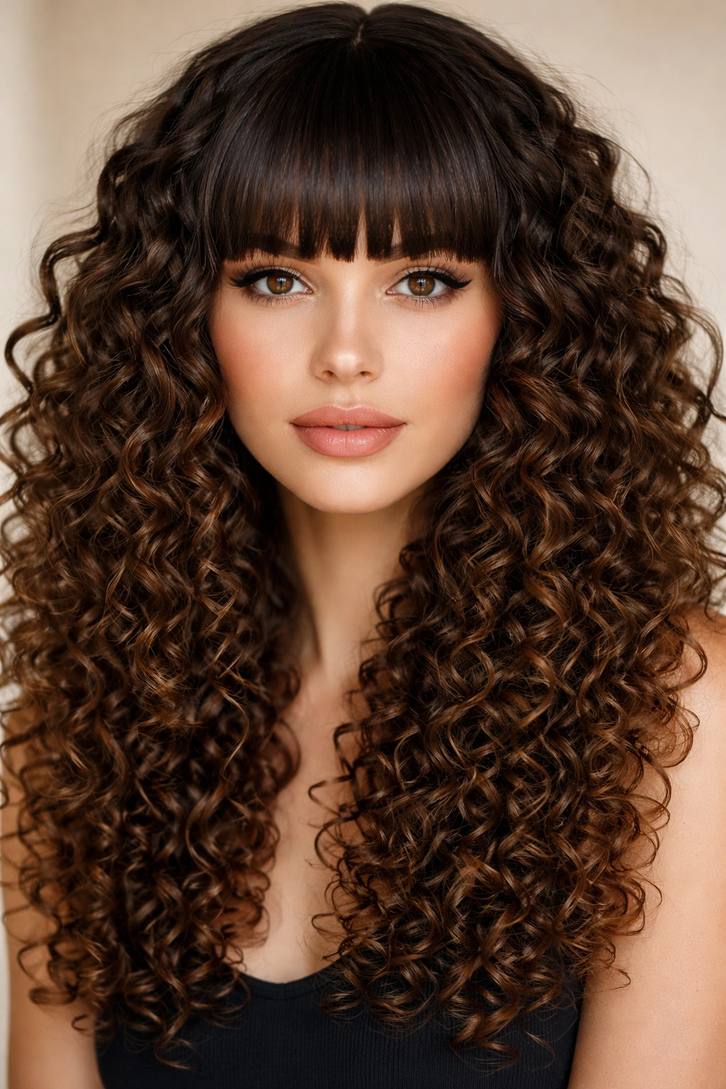 Defined curls with blunt fringe framing the brow