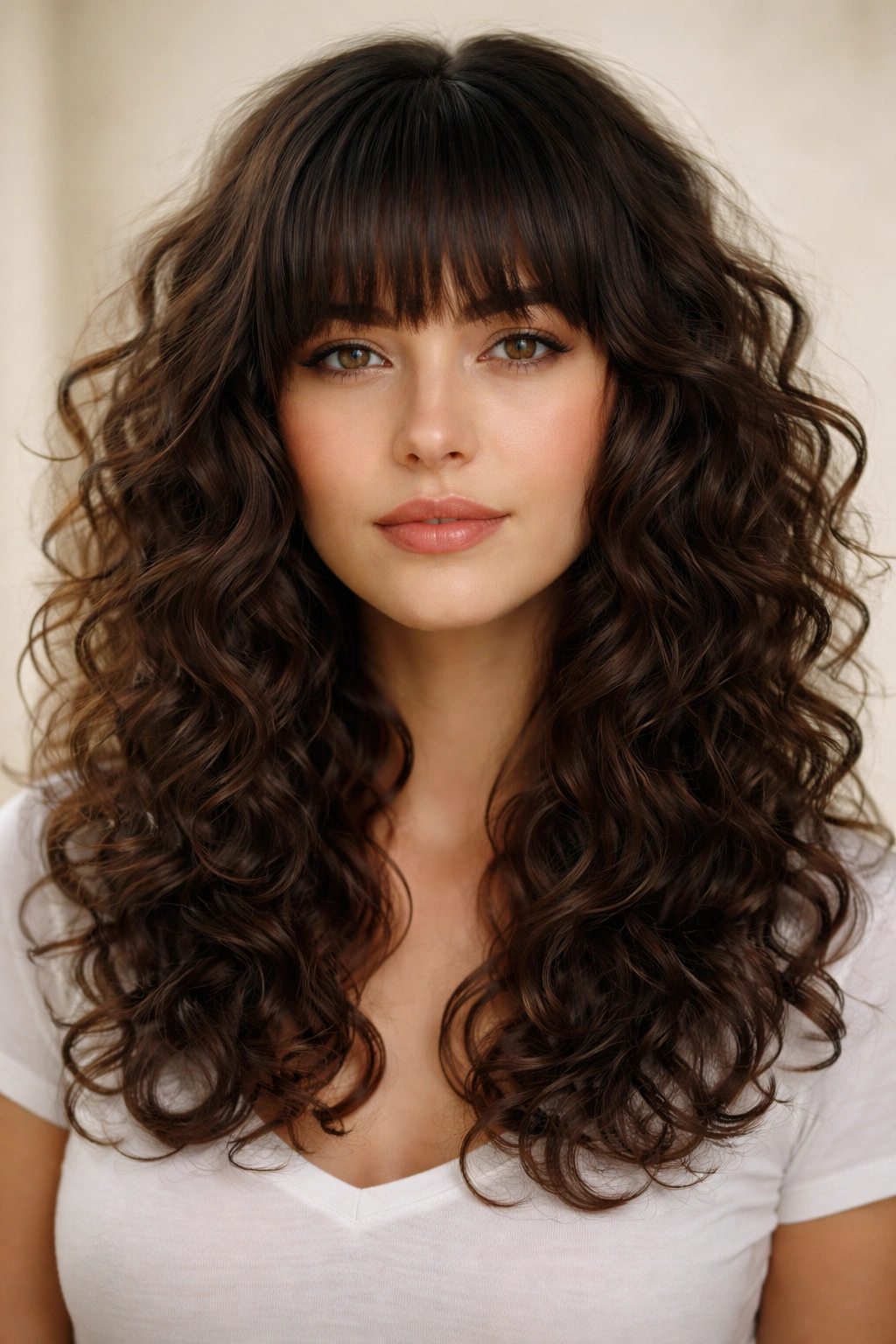 Curly hairstyle with blunt bangs and layered back.