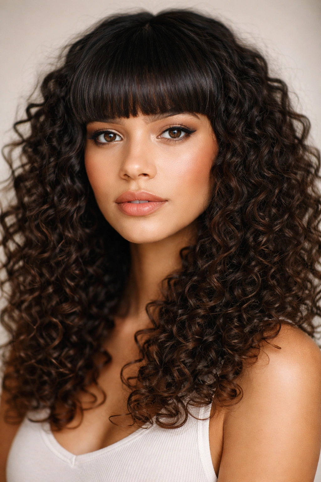 Close-up portrait showing blunt bangs with curly hair texture