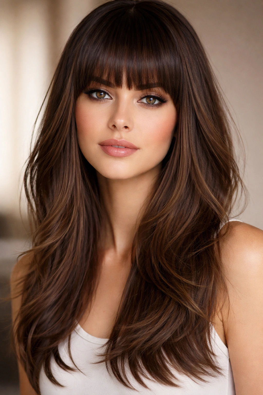 Blunt bangs with soft layered hair