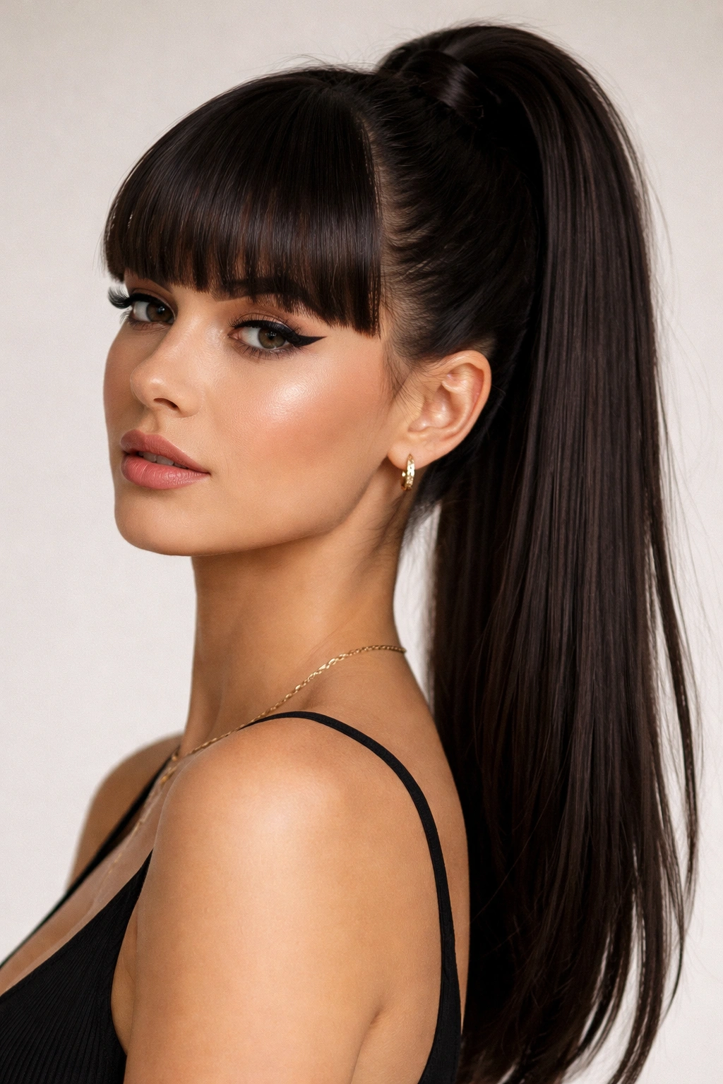 Close-up of classic high pony with blunt bangs