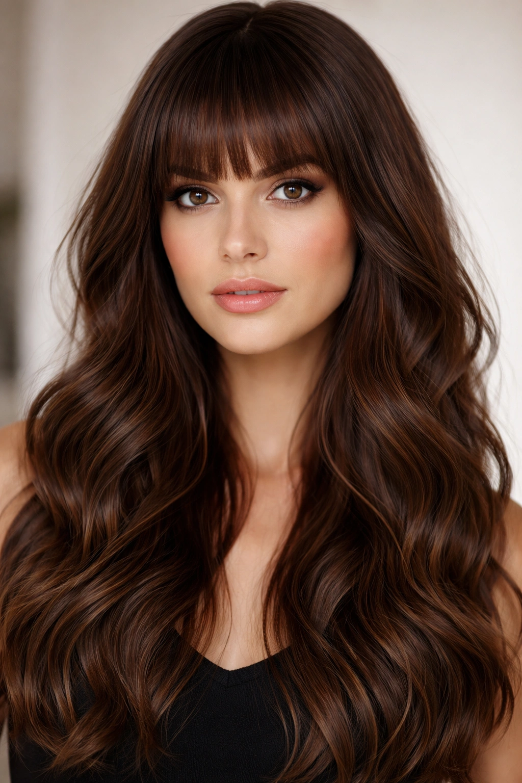 Close-up of blunt bangs and long textured waves in brown hair