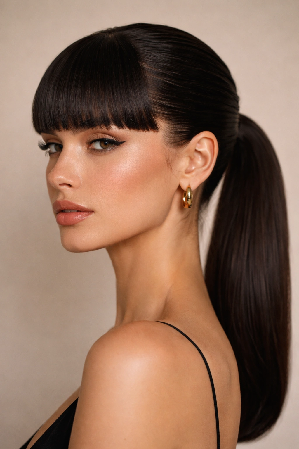 Blunt bangs with a slicked-back low ponytail