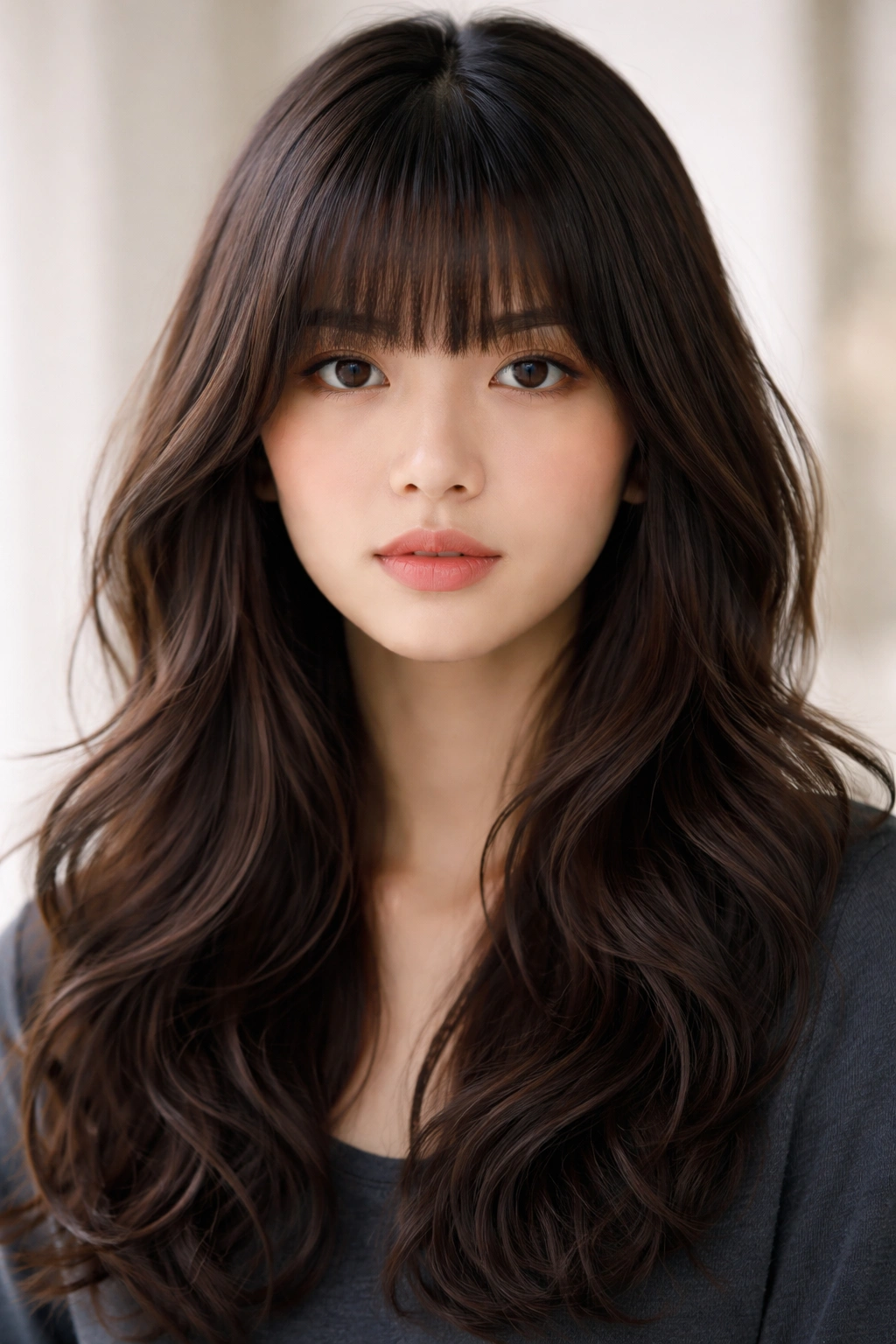 Close-up of blunt bangs with soft layers and waves.