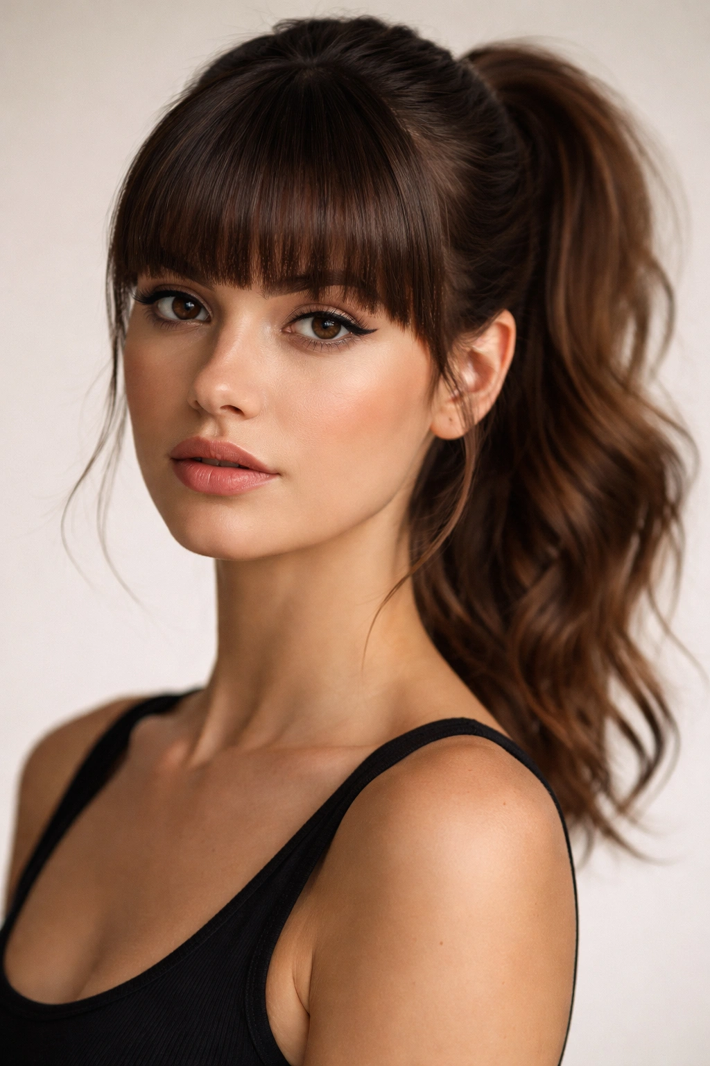 Portrait of blunt bangs with mid-height textured ponytail.