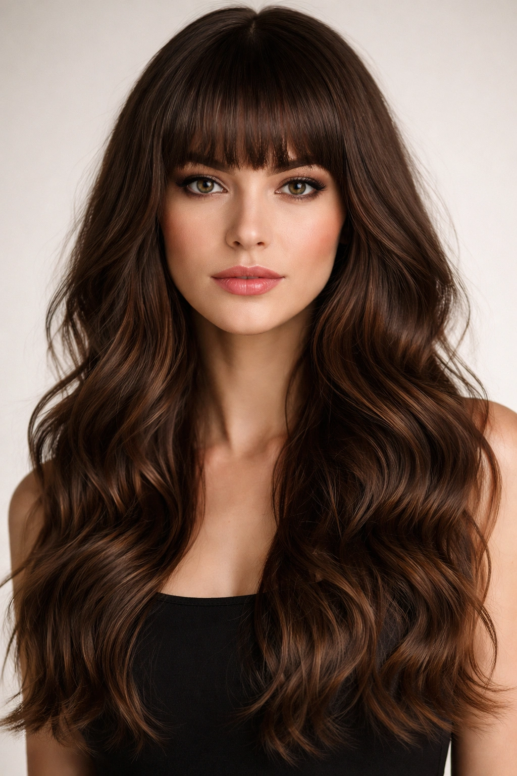 Front-facing brown hair with blunt bangs and textured waves.