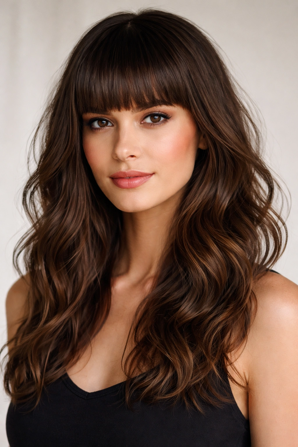 Blunt bangs with tousled waves creating bold contrast