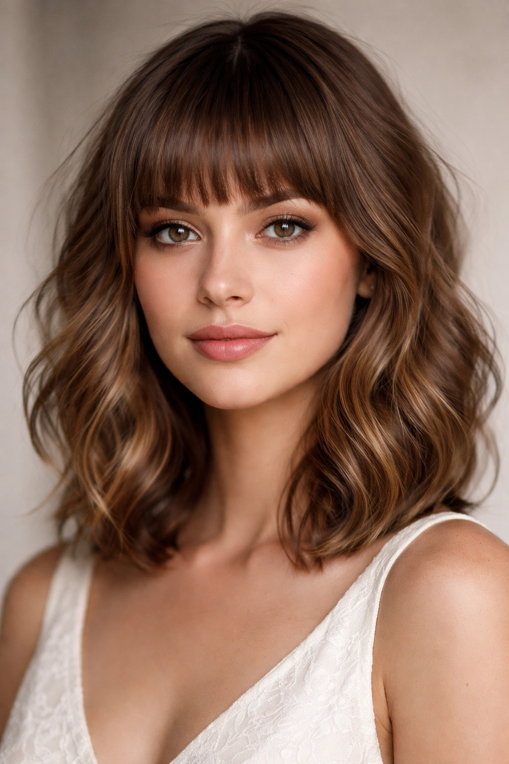 Blunt bangs with shoulder-length waves framing the eyes