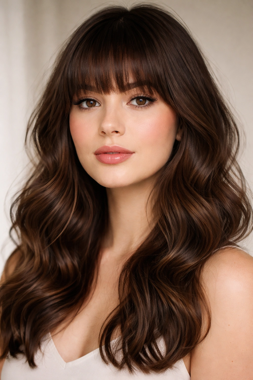 Close-up of wispy blunt bangs and soft waves in studio lighting
