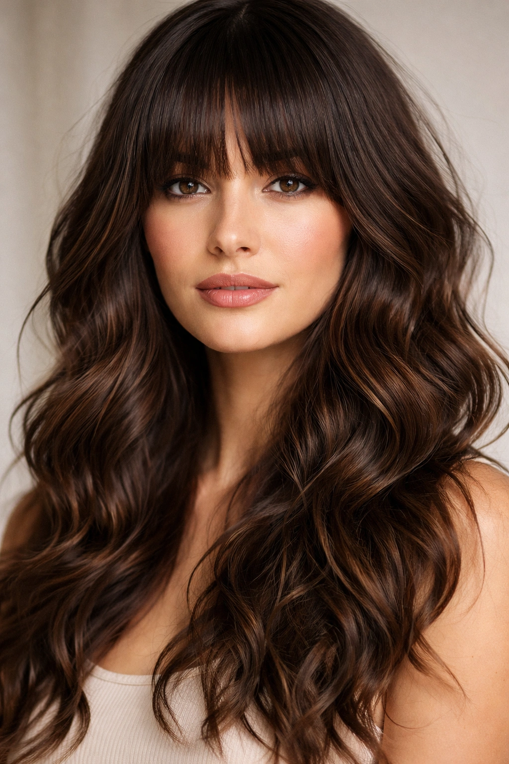 Close-up of blunt curtain bangs with wavy textured ends.