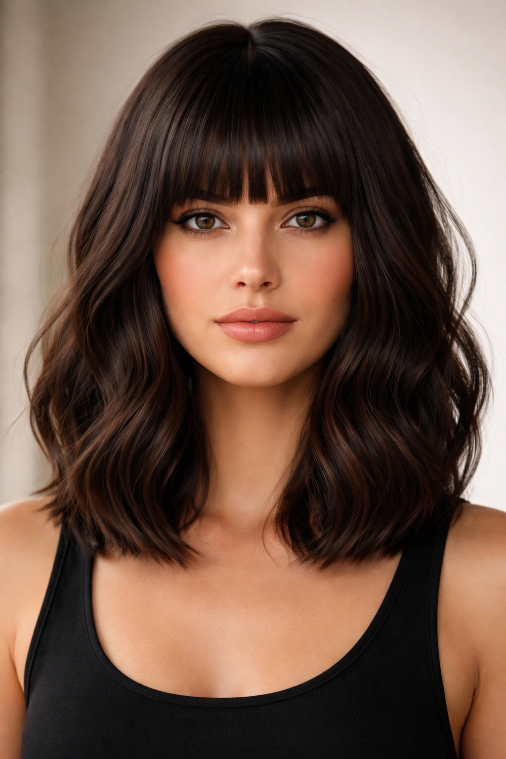 Blunt-cut shoulder bob with thick bangs on wavy hair
