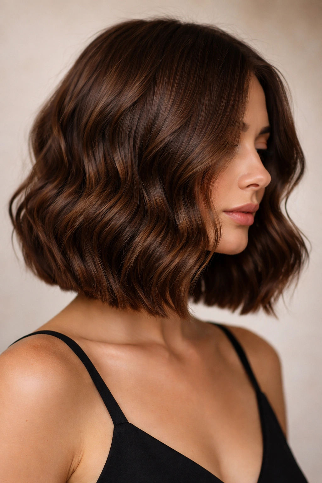 Chestnut mid-length bob with blunt ends and soft waves.