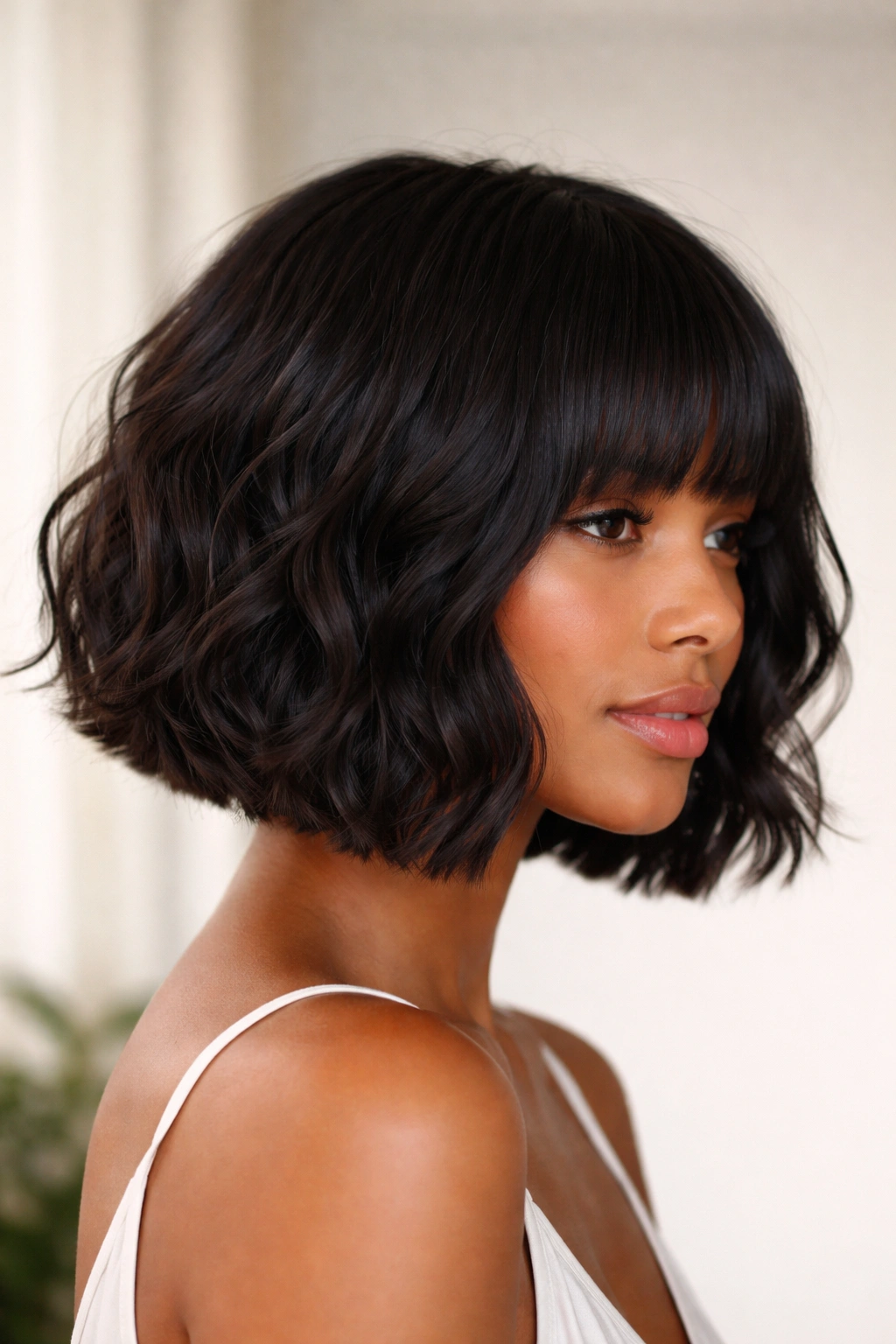 Blunt-cut wavy bob with hidden internal layers showing movement.