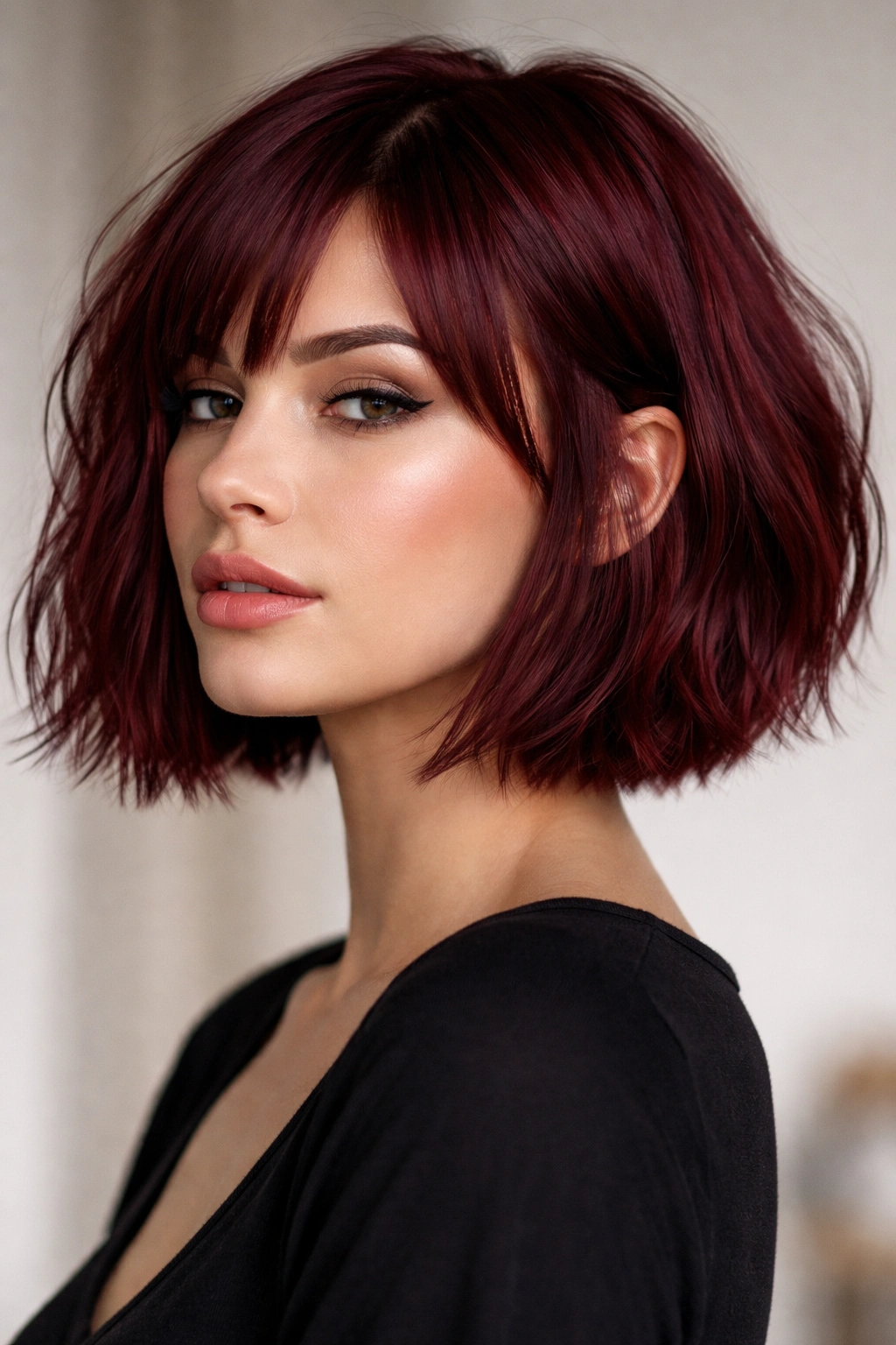 Blunt choppy bob in deep mahogany red with sharp lines