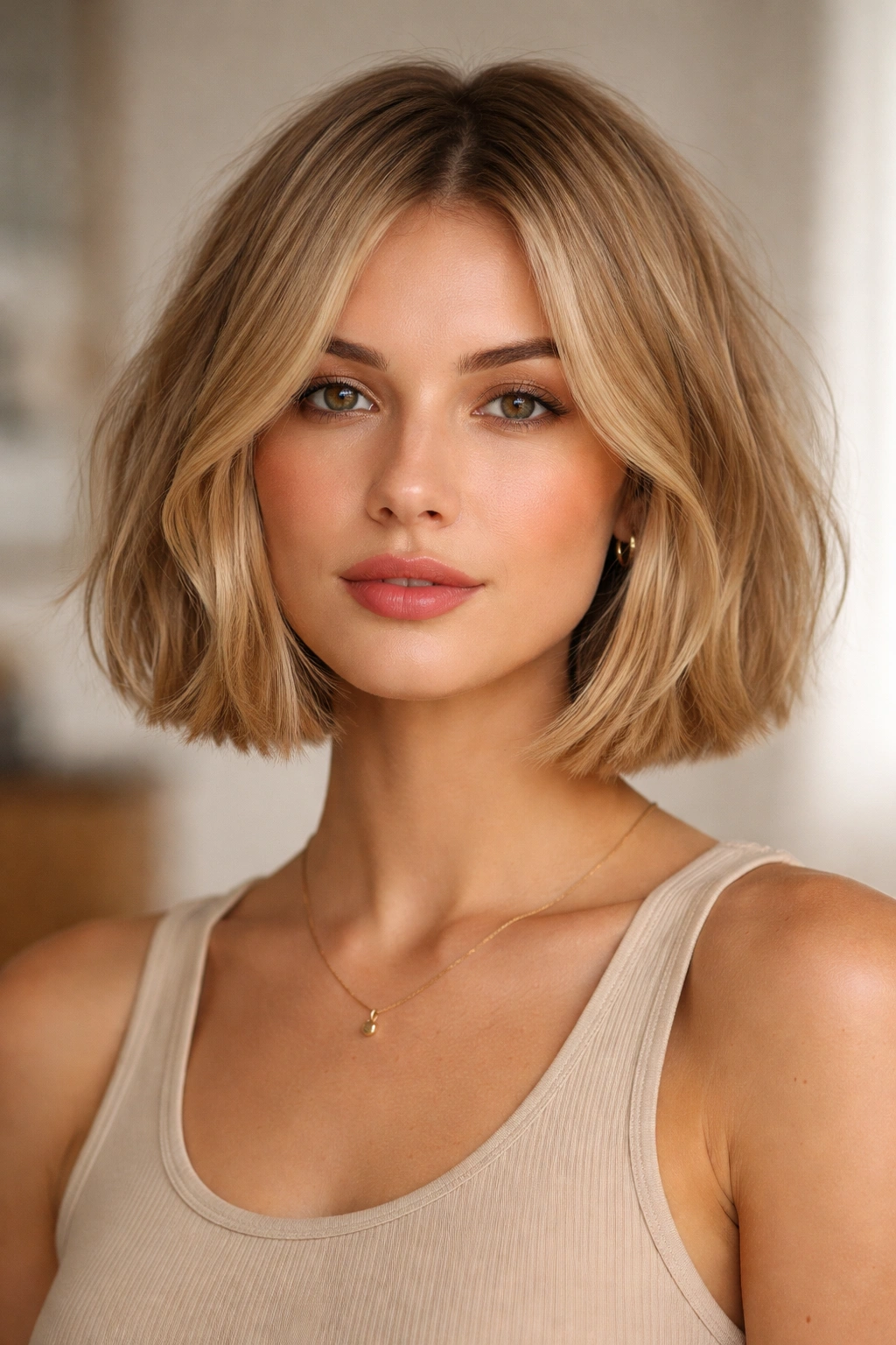 Blunt bob with hidden minimal layers for movement on fine wavy hair.
