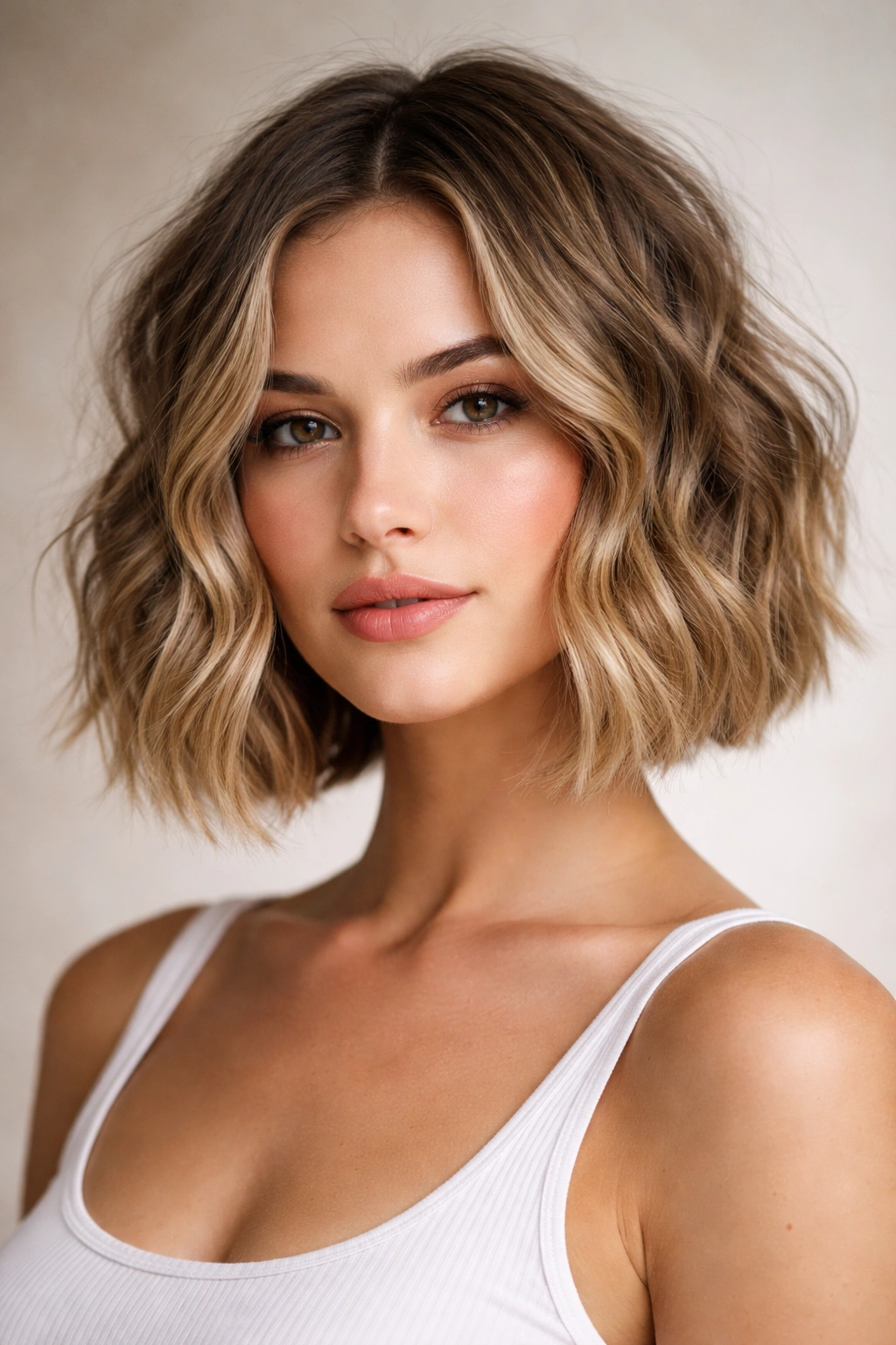 Wavy blunt bob with texture in a head-and-shoulders portrait