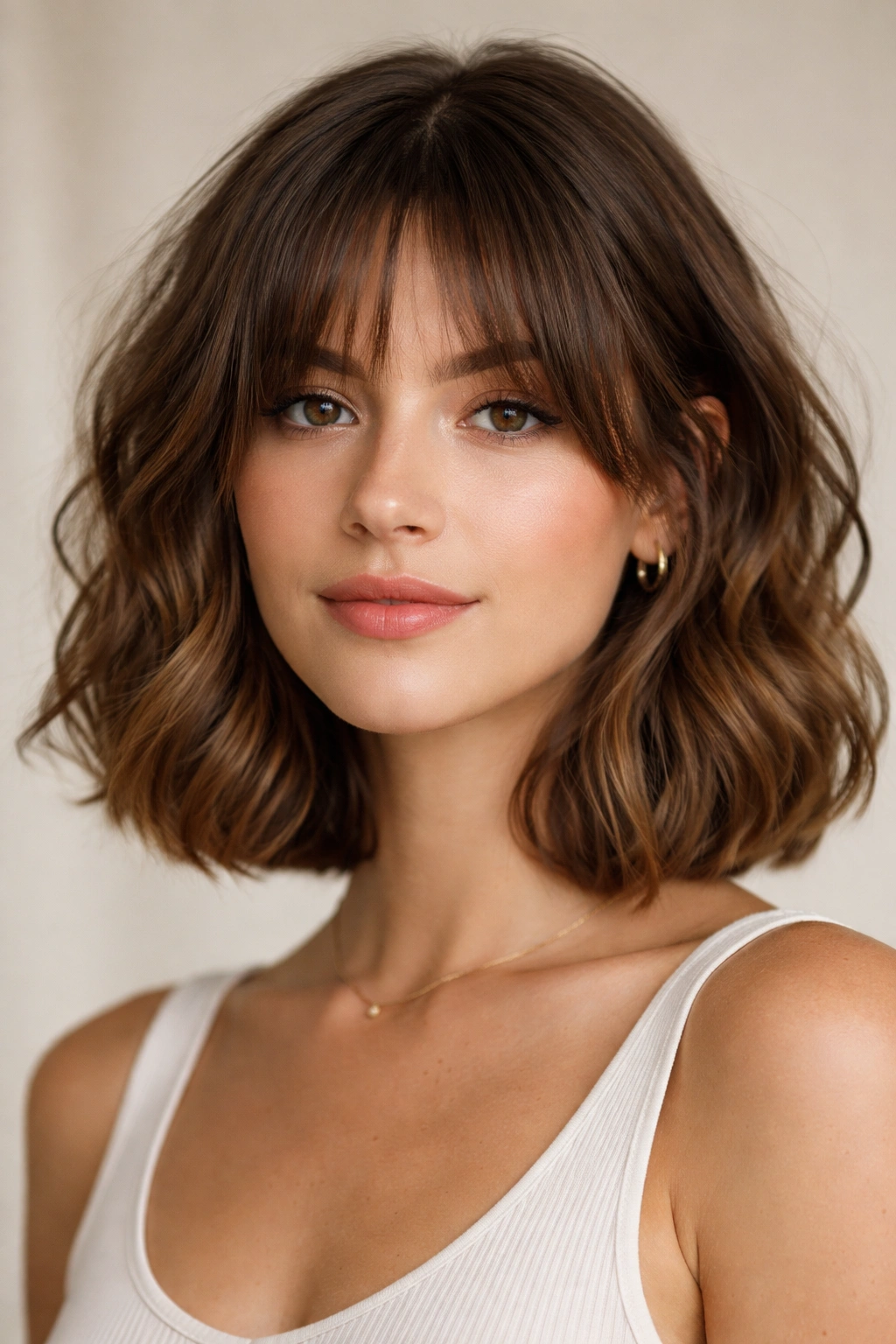 Portrait of a blunt-ended wavy bob with curtain bangs.