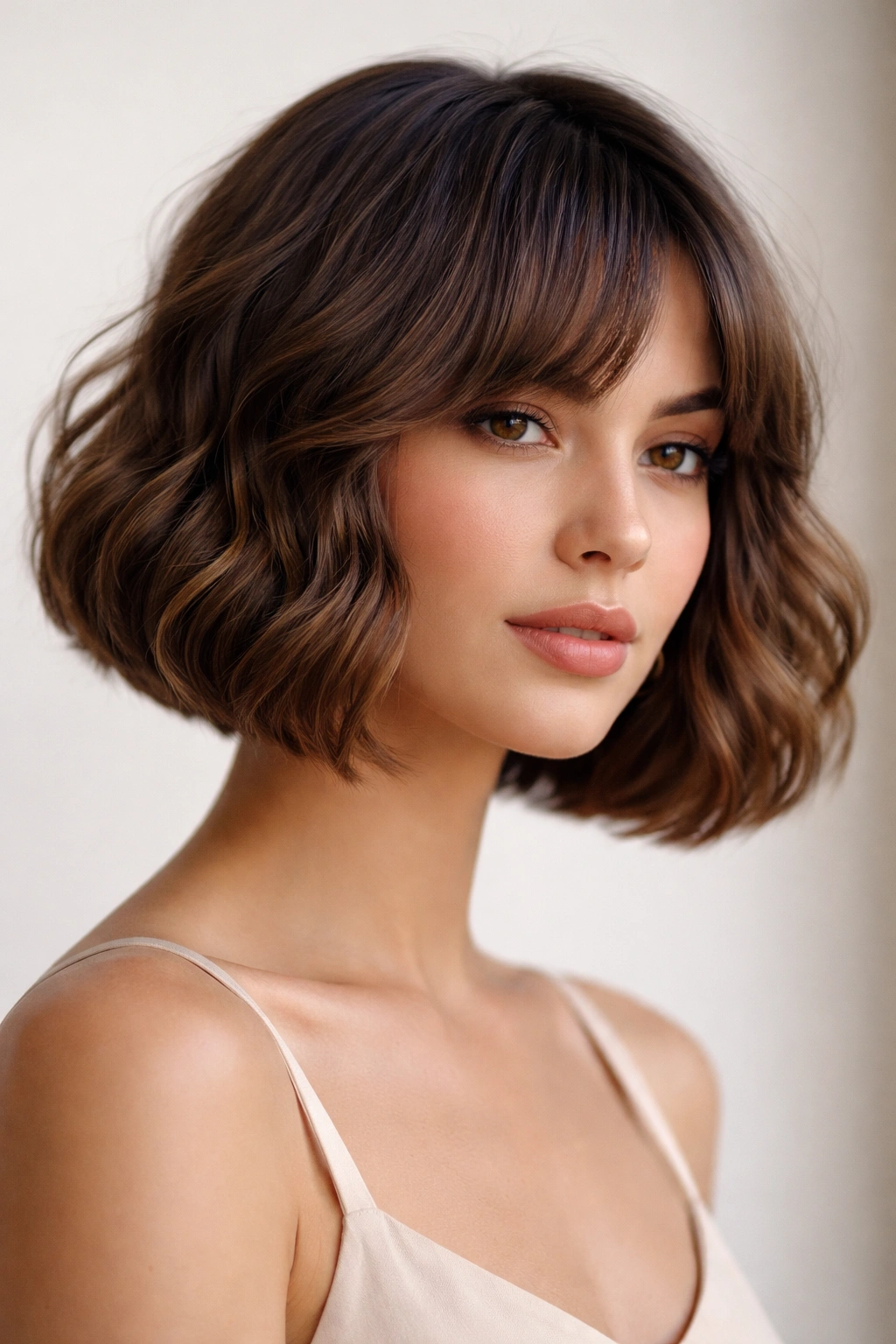 Blunt wavy French bob with rounded ends and waves.