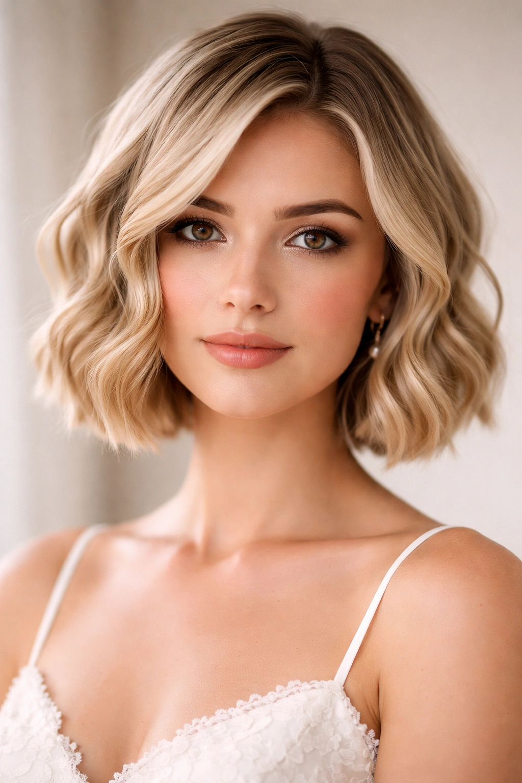Close-up of blunt bob with loose waves showcasing structure and romance
