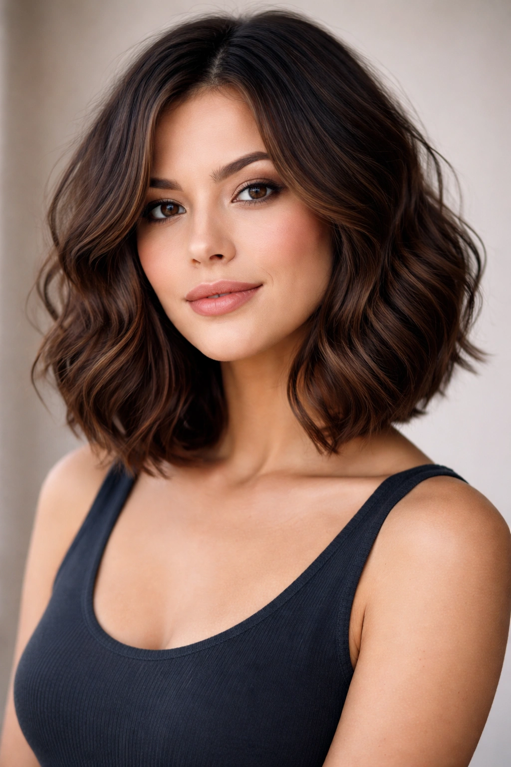 Blunt-ended wavy bob with collarbone length and waves