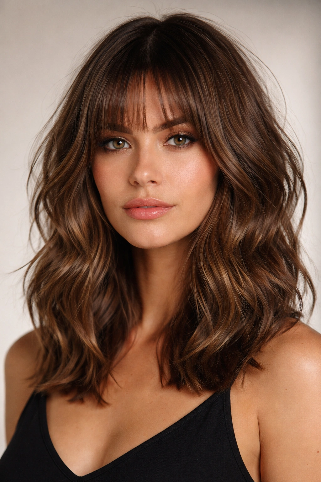 Blunt front pieces with choppy texture along the rest of shoulder-length hair.
