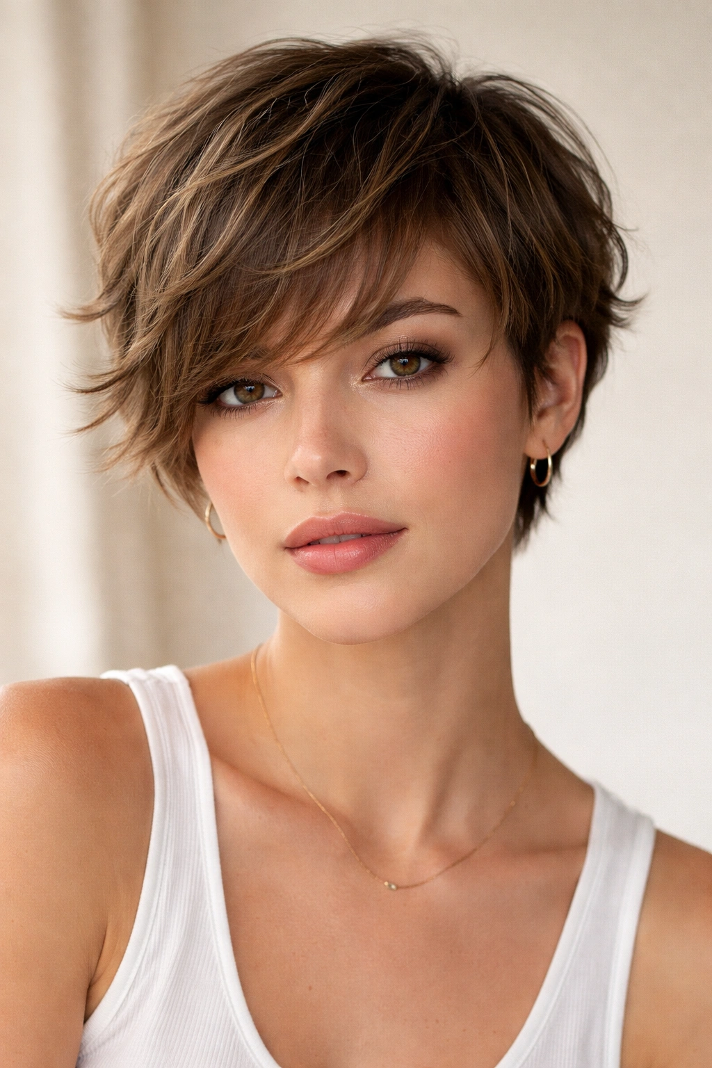 Blunt crop with wispy side bangs on wavy hair.
