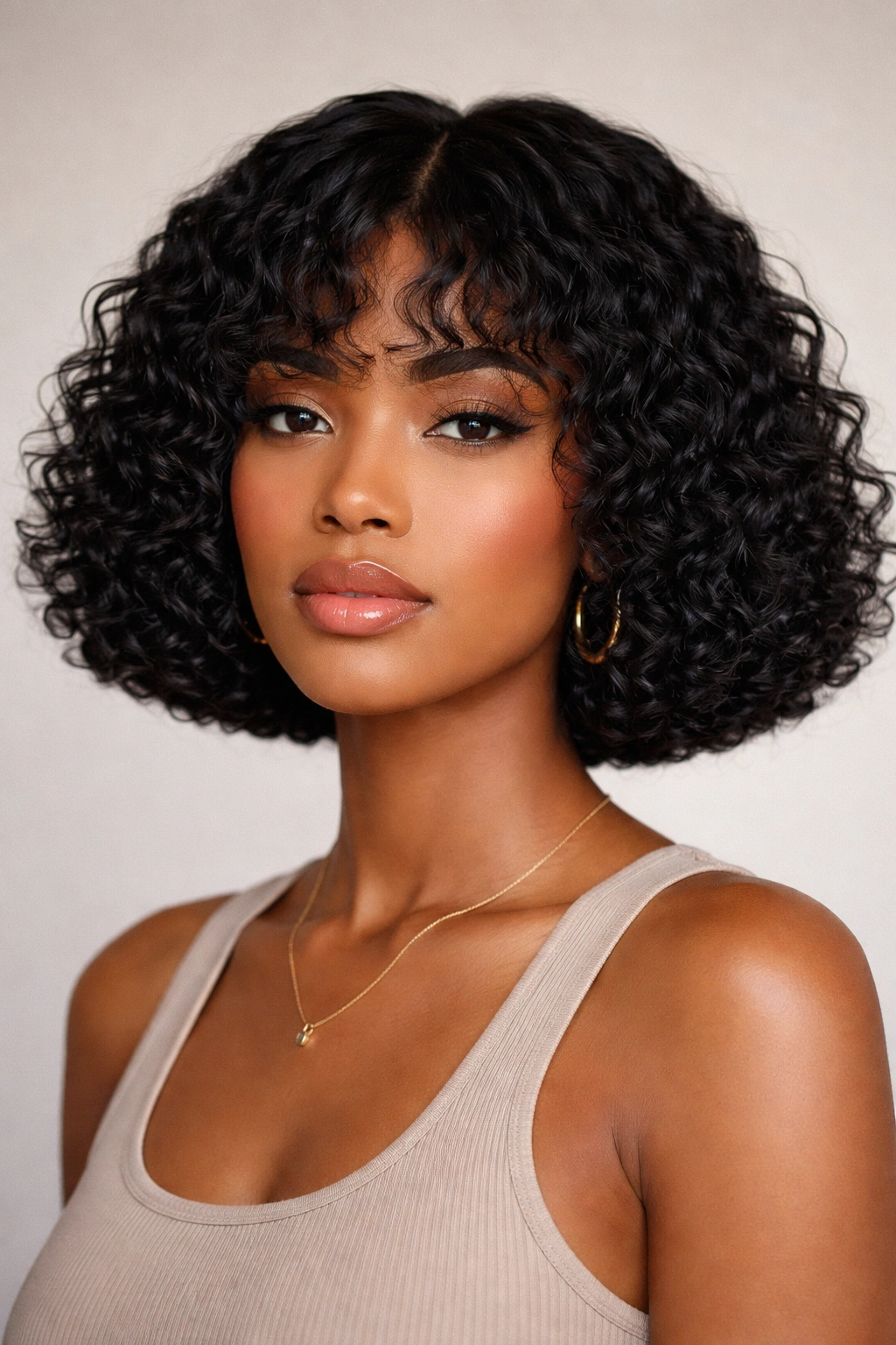 Close-up of a chin-length blunt curly bob with sharp edge and defined perimeter