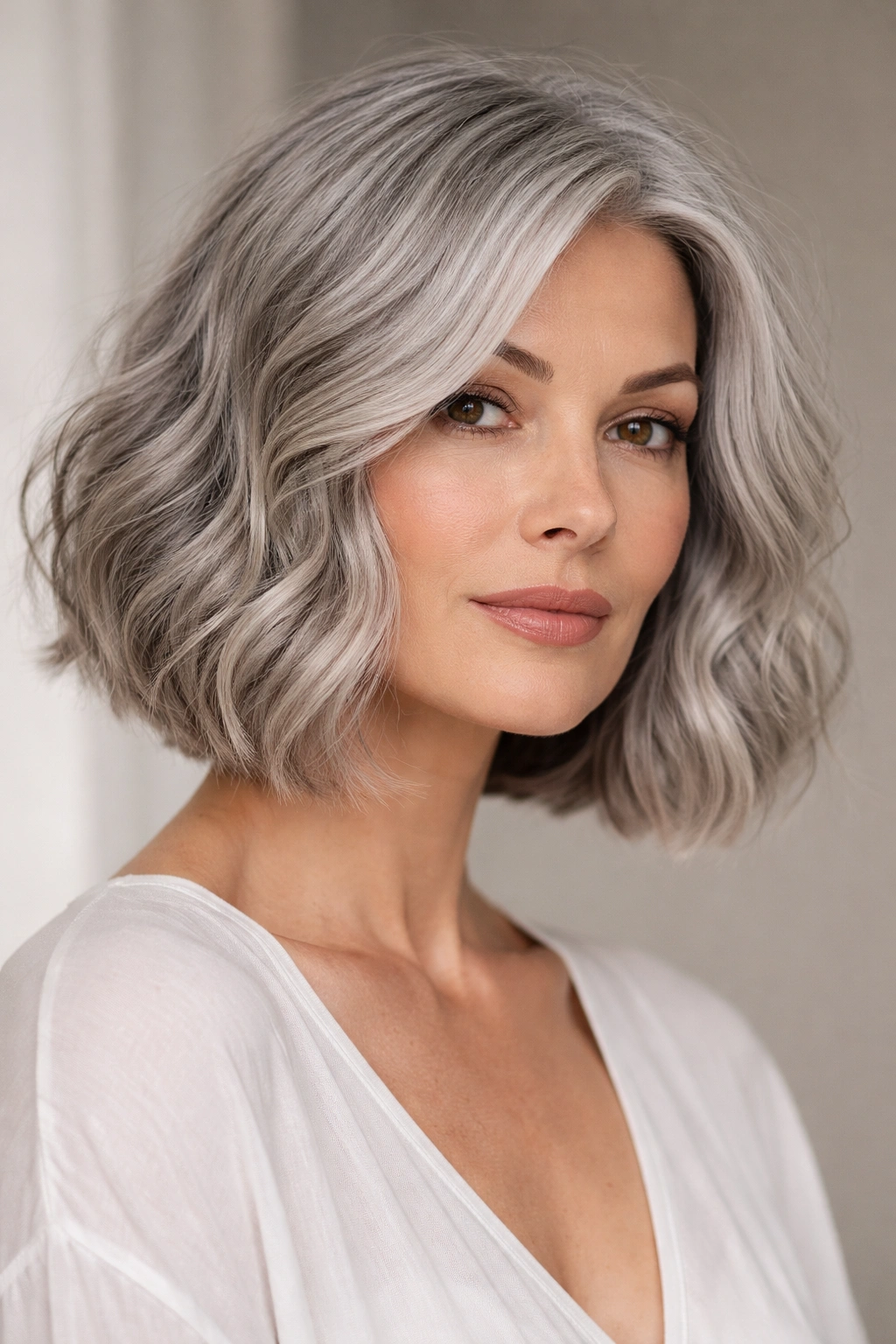Blunt-cut wavy bob in gray hair with defined line and soft waves