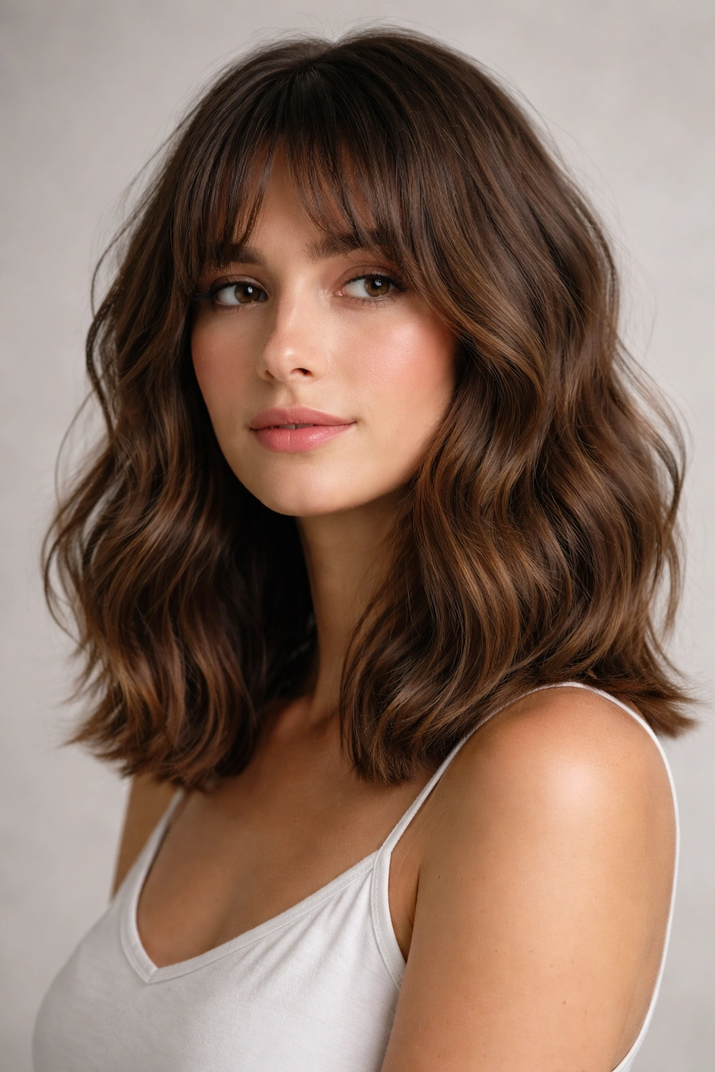 Close-up of a shoulder-length blunt-cut wavy hairstyle with minimal layers highlighting defined waves
