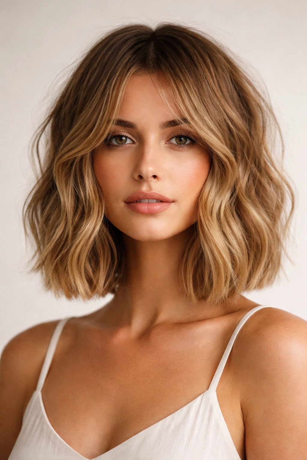 Front-facing view of a blunt-edge wavy bob showing defined ends and soft interior waves