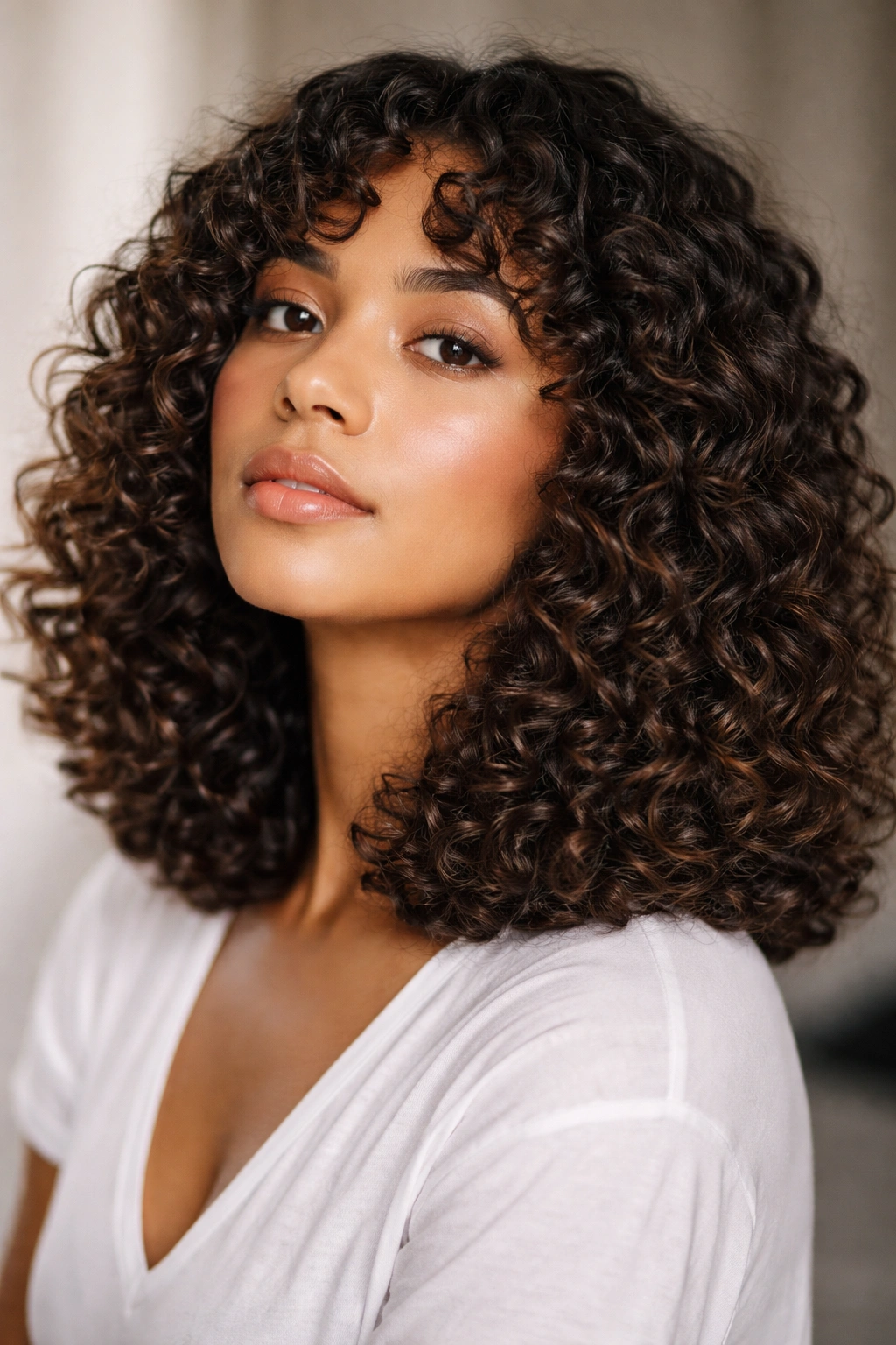 Curly hairstyle with blunt ends and defined internal layers