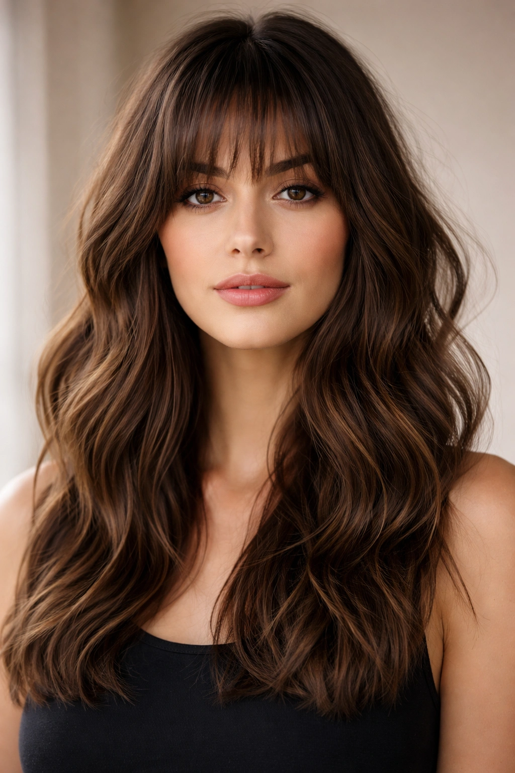 Portrait of a person with blunt ends, soft wispy bangs, and minimal layers