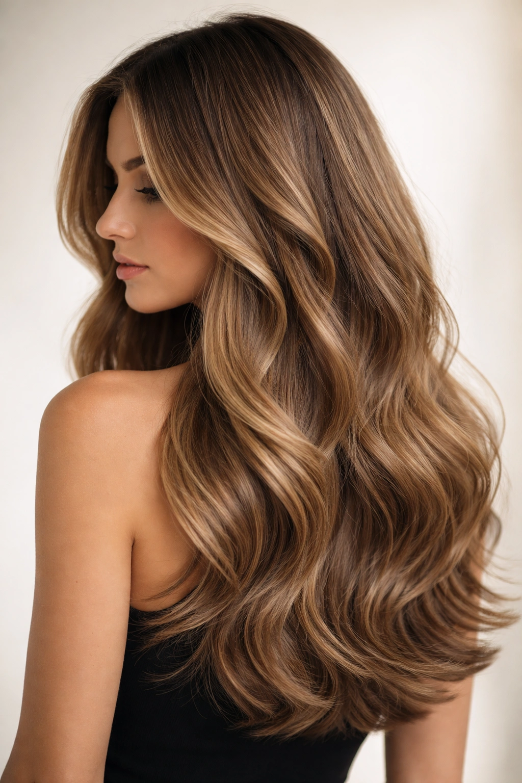 Long wavy hair with blunt layered ends and defined texture
